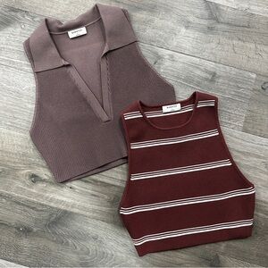 Babaton Cropped Sculpt Knit Polo & Striped Tank Duo - Mauve & Wine Large